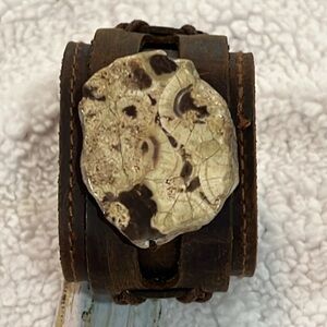 Brown Ocean Agate on Dusty Leather Cuff by Jewelry Junkie